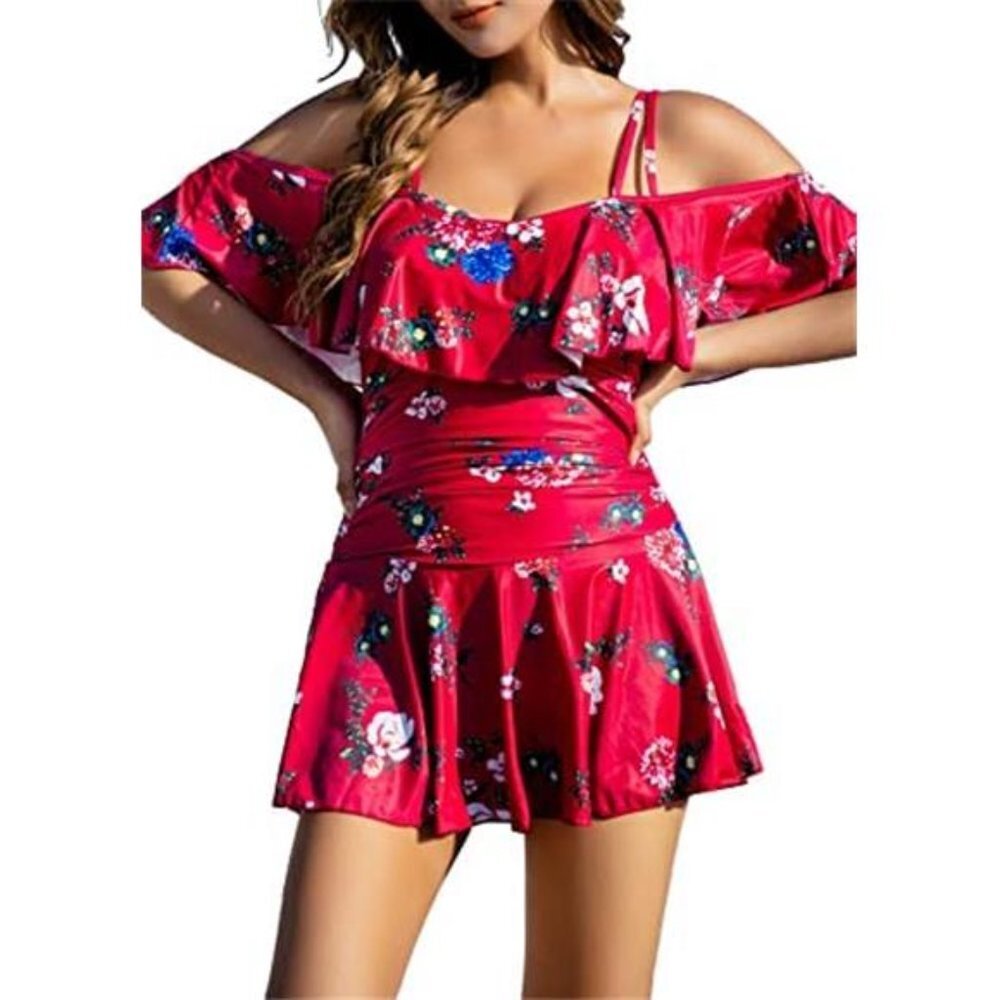 One Piece Flounce Swimsuit Off Shoulder Bathing Suit Tummy Control Swimdress